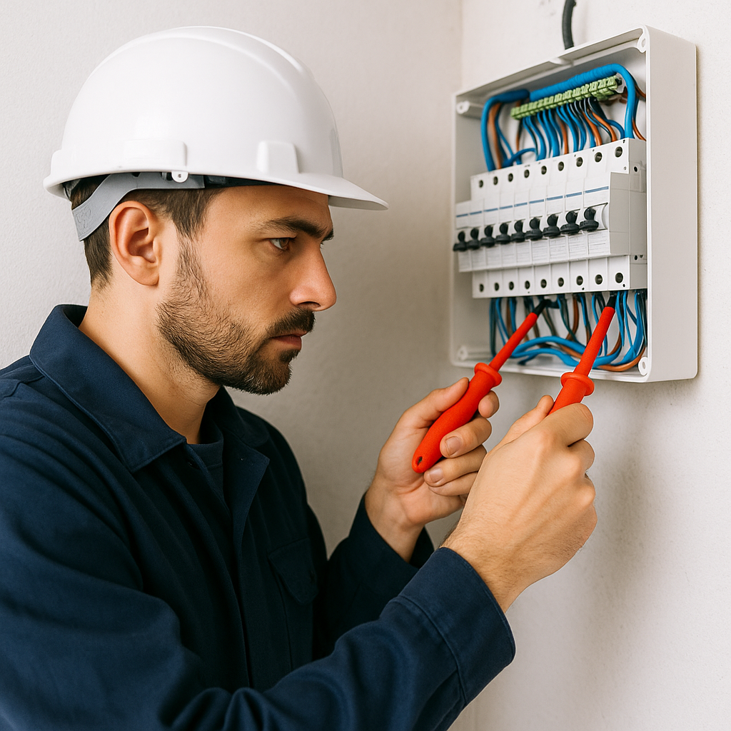 Electrician working on mains board